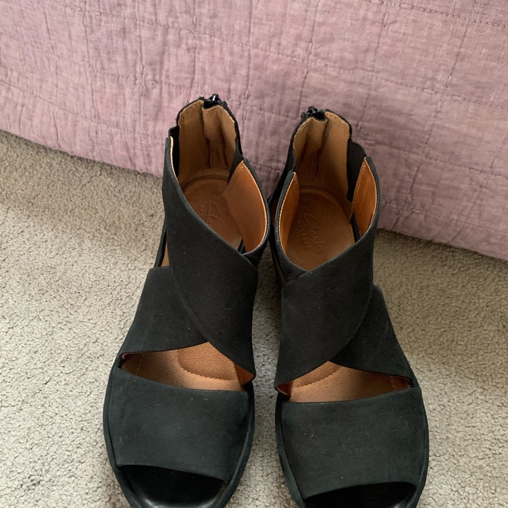 Black Clark’s wedge sandals